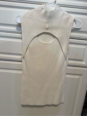 White House Black Market White Ribbed Mock Neck Tank with Cutout Detail